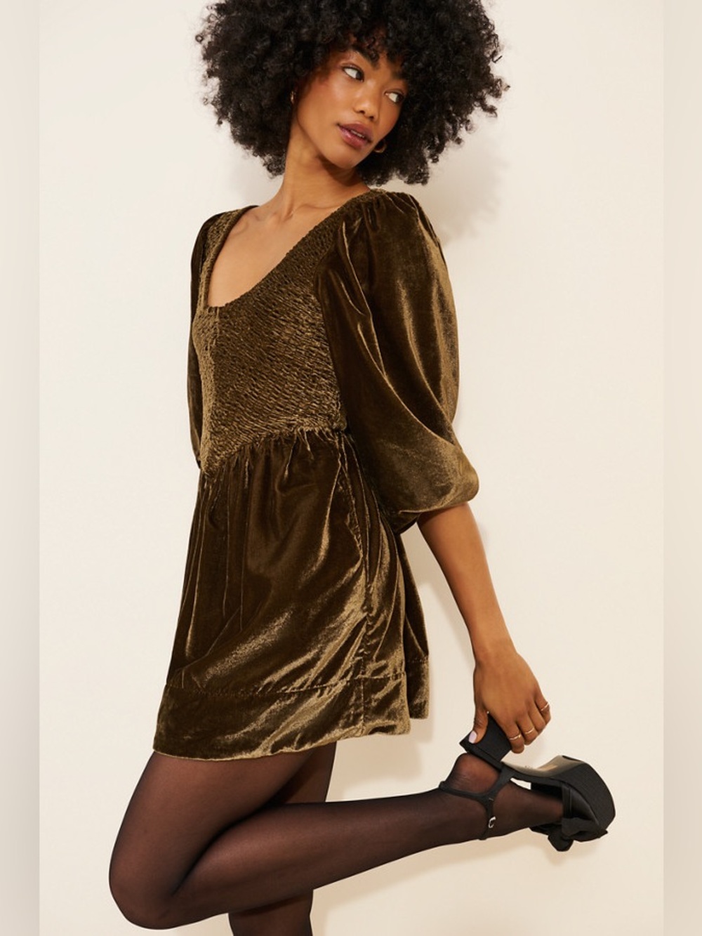 Free People Ferrier Velvet Brown Babydoll Smocked Mini Dress Puff Sleeves XL